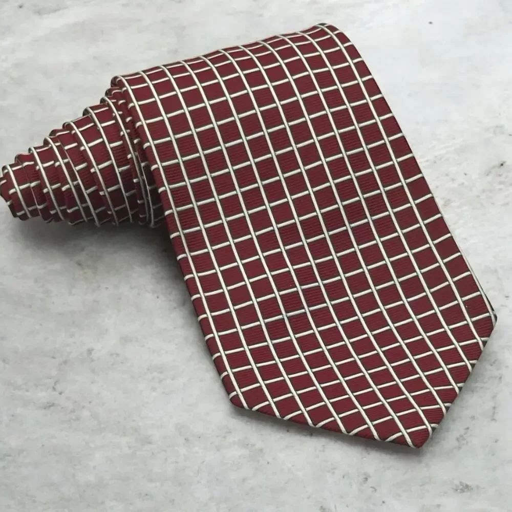 Polo Ralph Lauren Silk Tie Burgundy Jacquard Checkered Necktie 55.5 x 4 Vintage